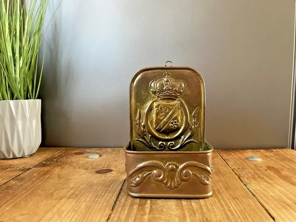 Antique French 19th Century Brass Fireside Candle Box Heraldic Crown Shield photo Home Decor