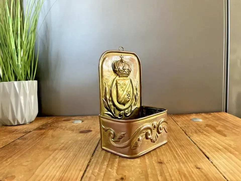 Antique French 19th Century Brass Fireside Candle Box Heraldic Crown Shield photo 125.0
