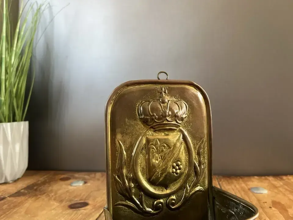 photo furniture Antique French 19th Century Brass Fireside Candle Box Heraldic Crown Shield
