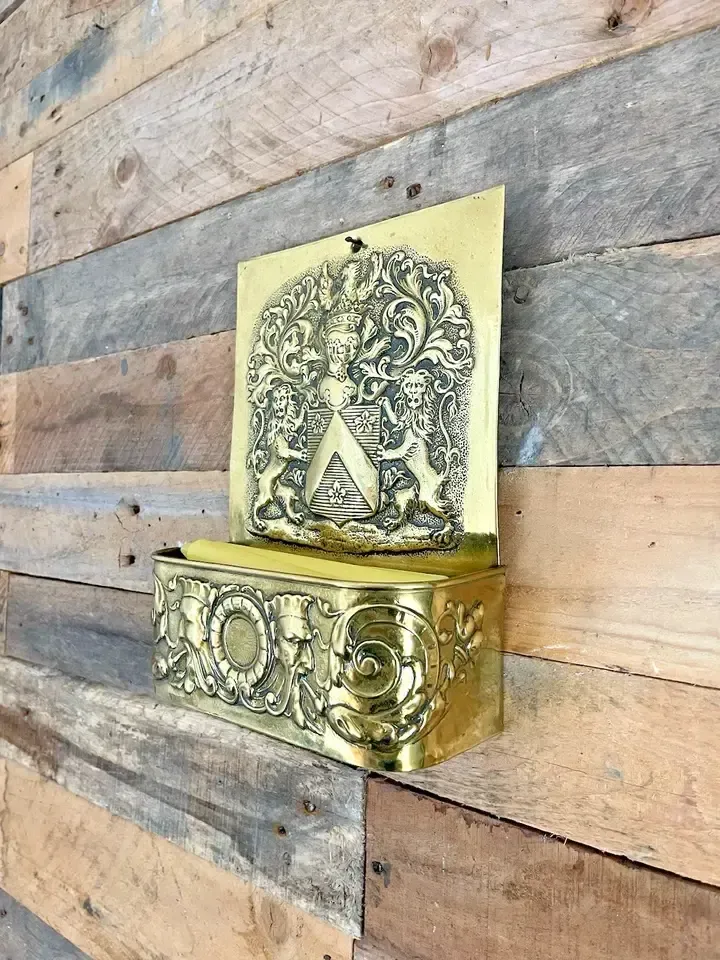 Antique Dutch 19th Century Brass Fireside Candle Box Armour Knight Shield Lions photo buy