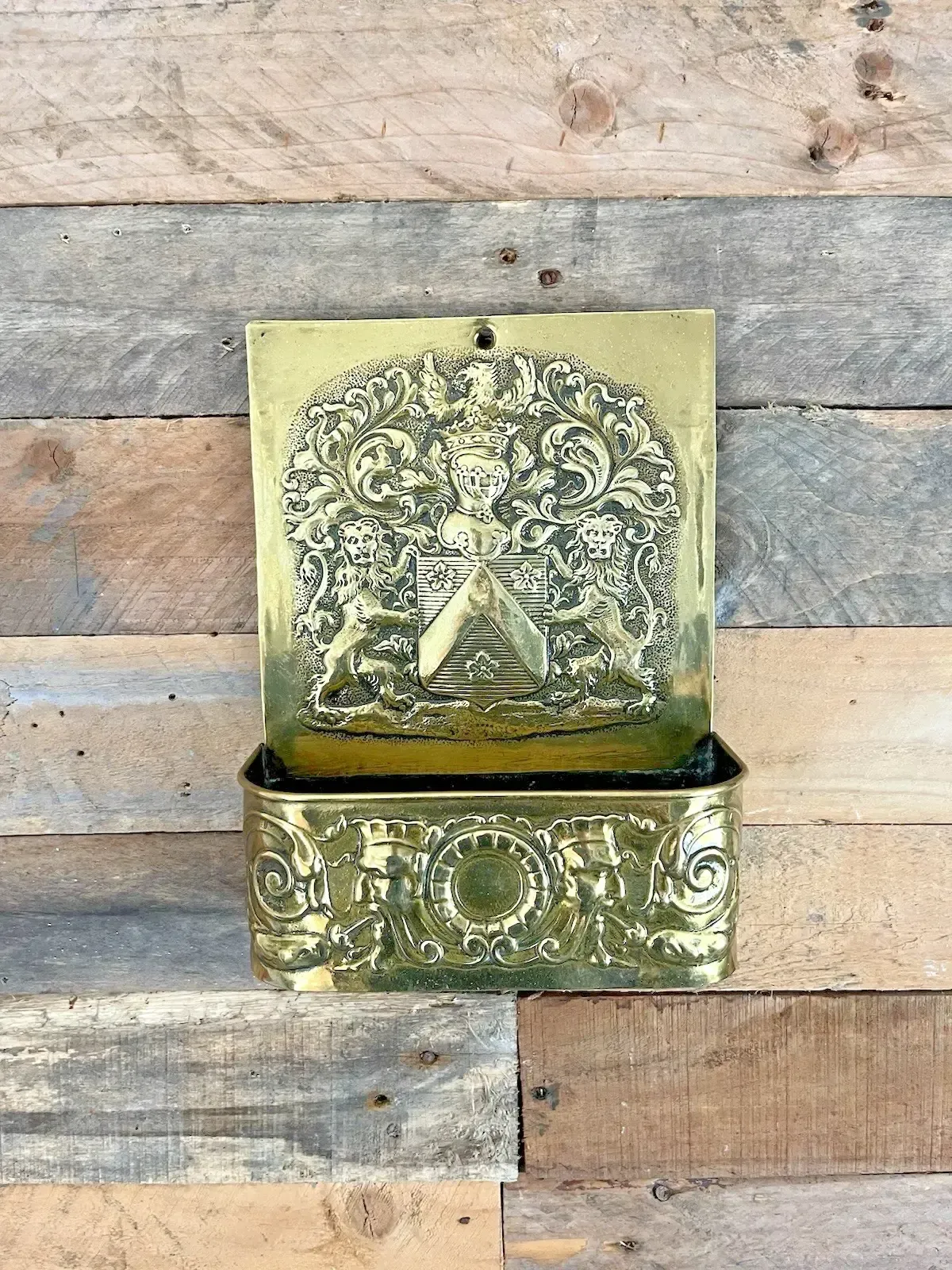Antique Dutch 19th Century Brass Fireside Candle Box Armour Knight Shield Lions photo vintage