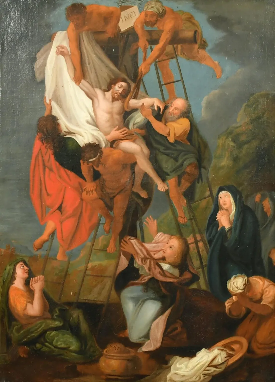 18th Century Oil On Canvas  "Decent From The Cross" Follower Of Charles Le Brun photo furniture