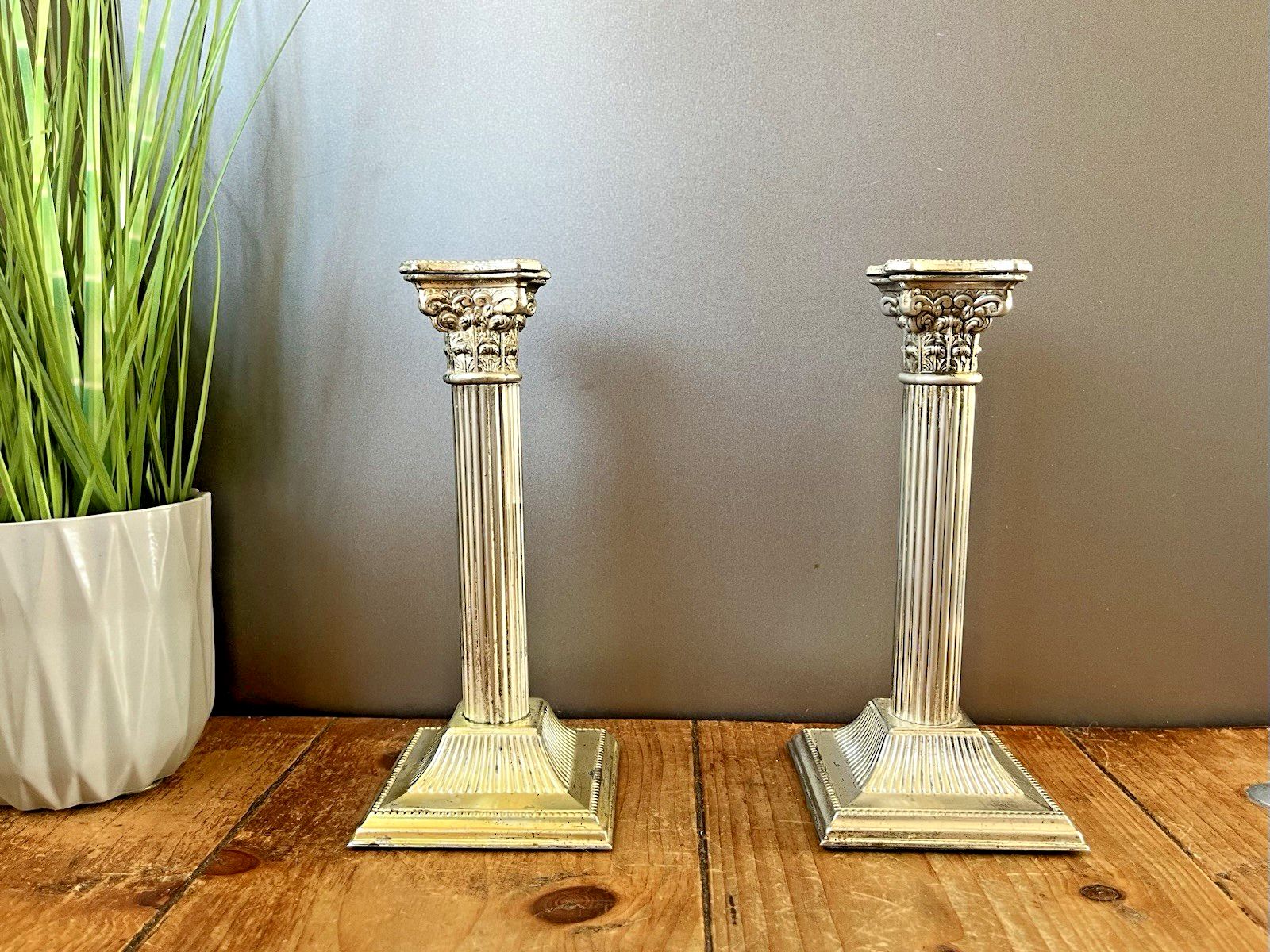 photo for sale Pair Of 8.25" Antique Epns Corinthian Column Pillar Candlesticks Candle Holders