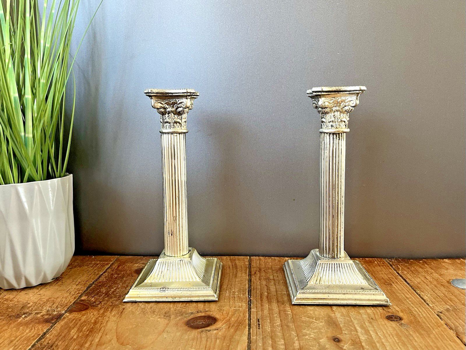 Home Decor Pair Of 8.25" Antique Epns Corinthian Column Pillar Candlesticks Candle Holders photo