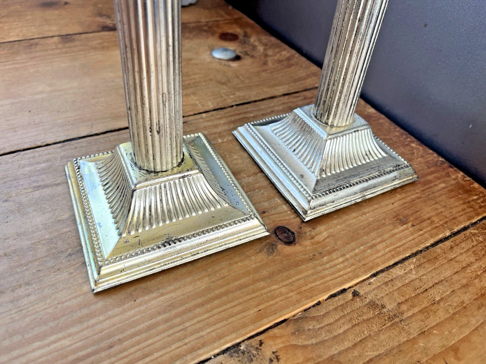 99.0 Pair Of 8.25" Antique Epns Corinthian Column Pillar Candlesticks Candle Holders photo