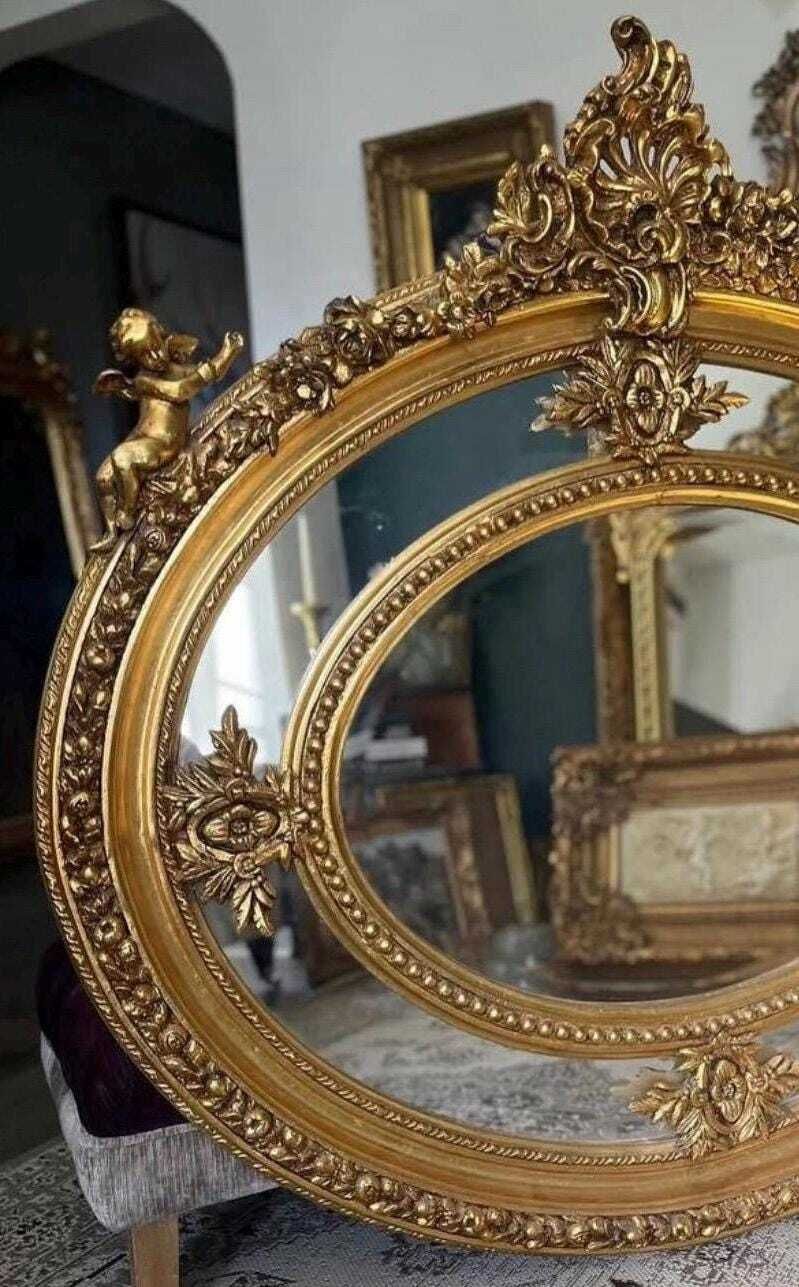 Beautiful French Oval Shaped Highly Carved Mirror With Cherubs, Floral Foilage photo furniture