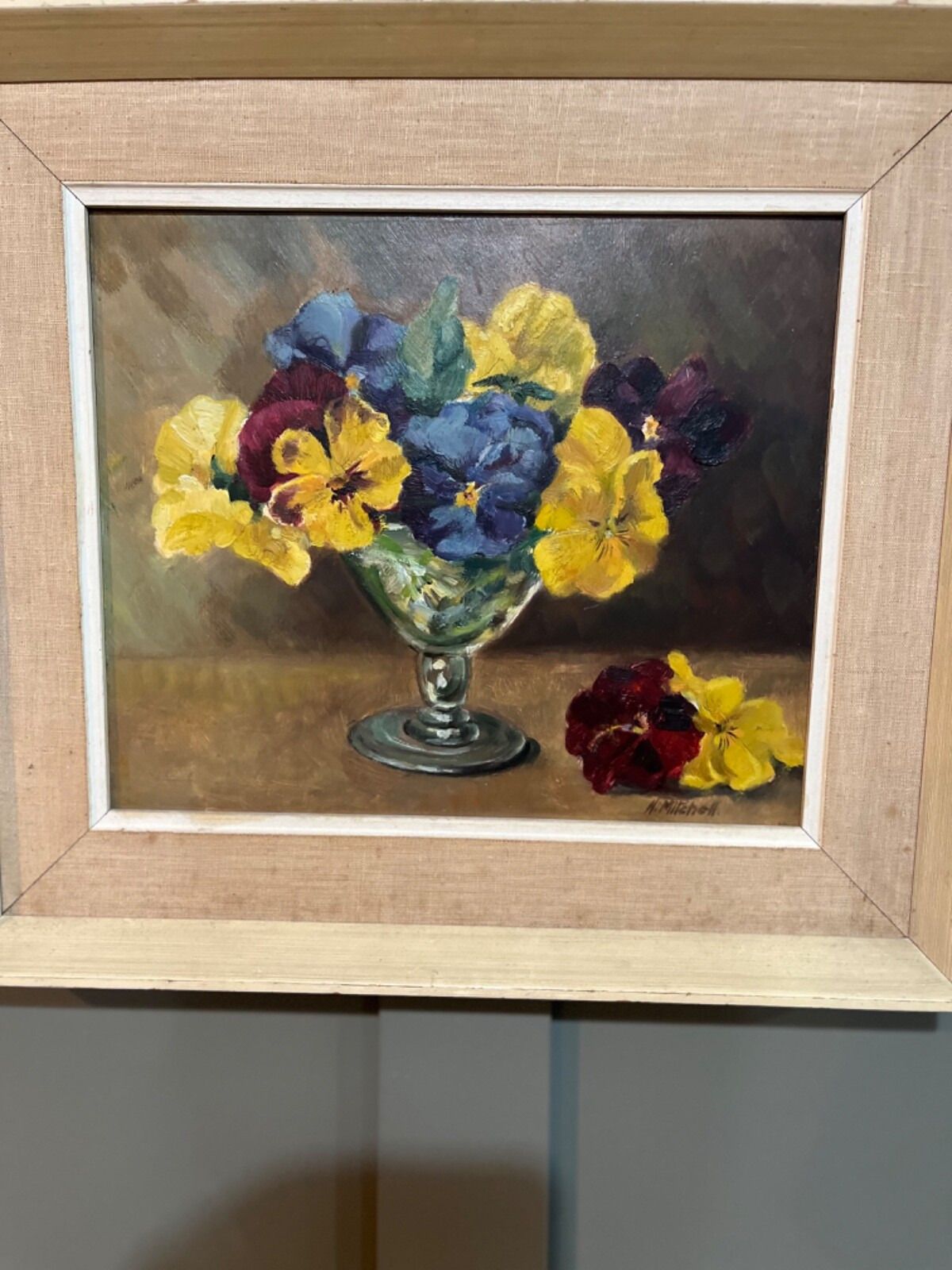 Vintage Oil Painting Signed By Artist N. Mitchell Still Life Pansies photo Art