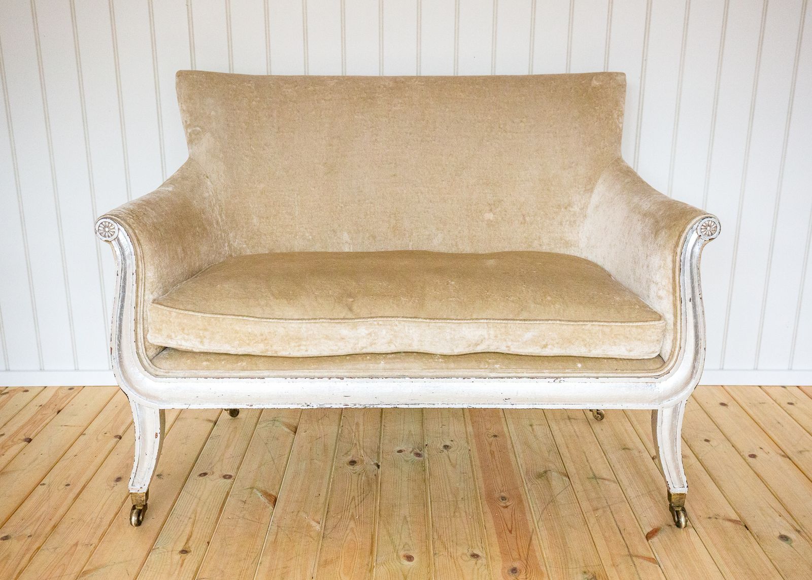 French Restauration Period Sofa 2 Seater Luxury Champagne Crushed Velvet Biedermeier Charles X Restoration Period Antique Silver Sleigh Scrolled 1830