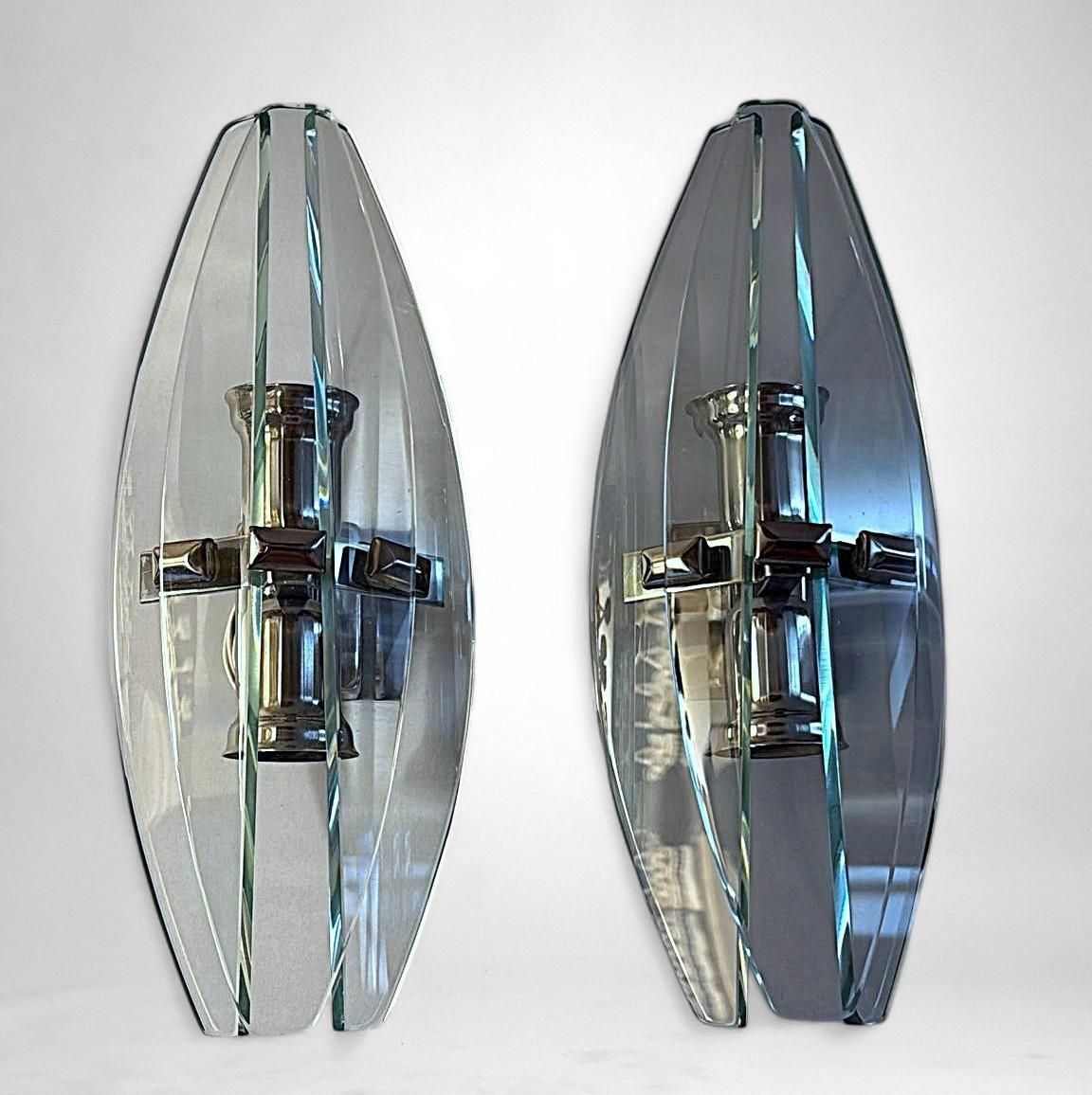 Italian Pair Of Wall Sconces Space Age Style Metal And Tempered Crystal photo Lighting