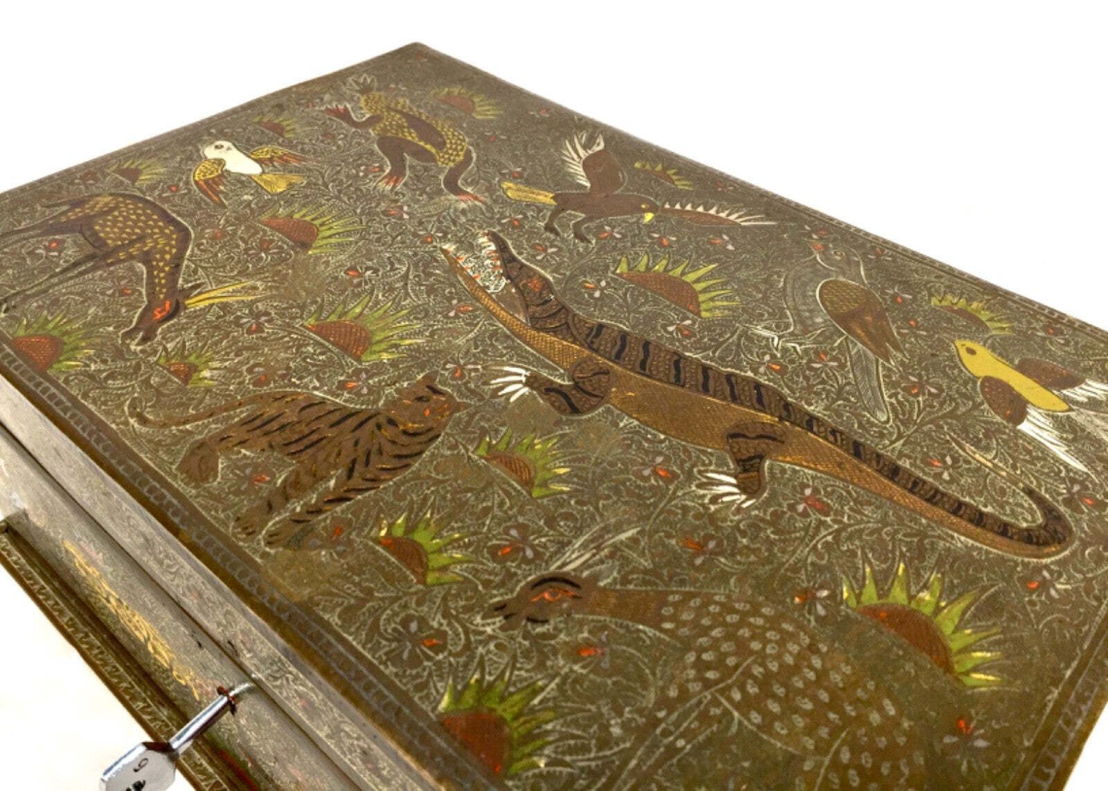 Antique Eastern Kashmiri Brass & Enamel Humidor Storage Box With Key Cedar Wood photo 349.0