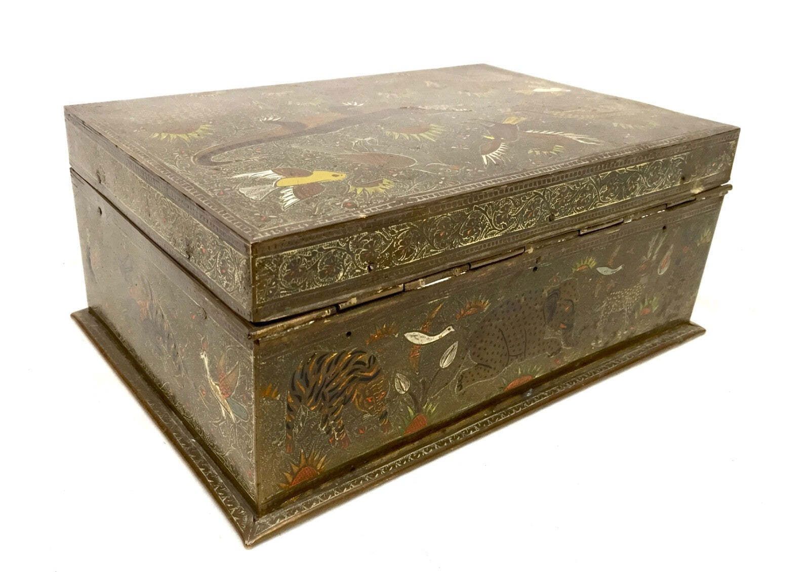 photo for sale Antique Eastern Kashmiri Brass & Enamel Humidor Storage Box With Key Cedar Wood