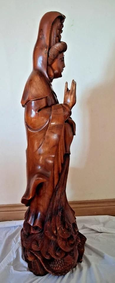 Antique Large Wood Carved Guan Yin Buddha Statue 102cm Height photo for sale