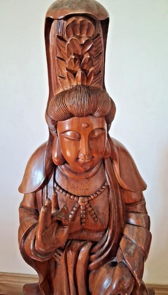 photo for sale Antique Large Wood Carved Guan Yin Buddha Statue 102cm Height
