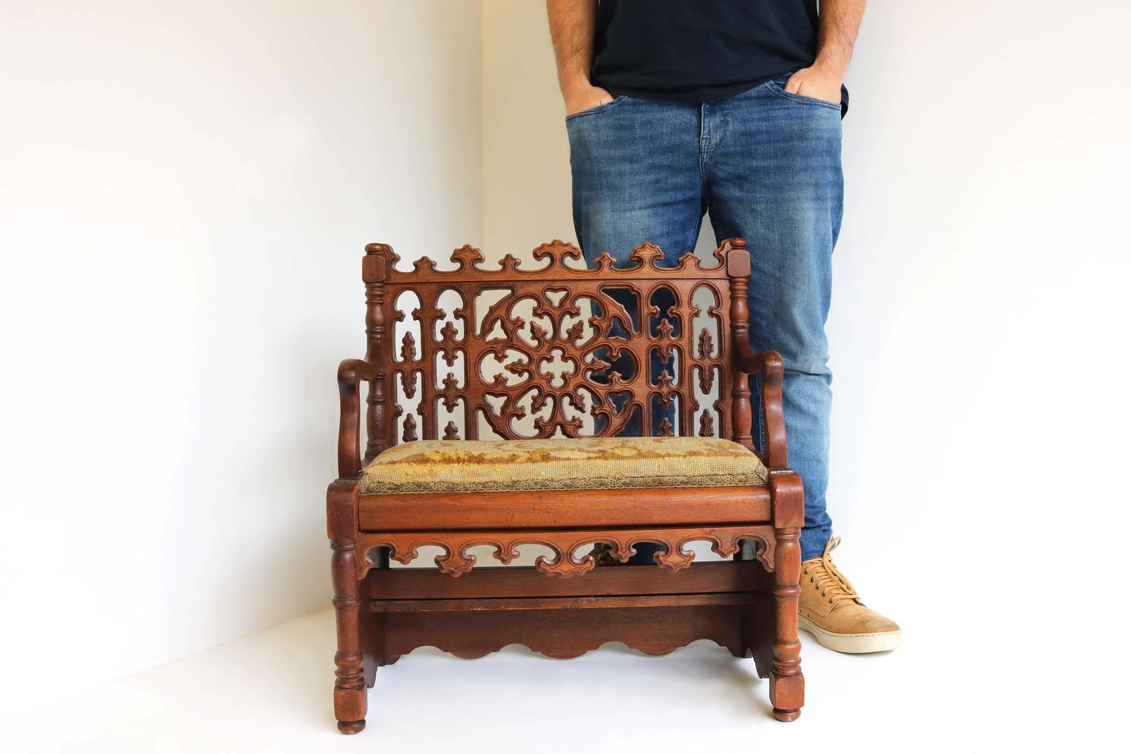 Petite Antique French Gothic Revival Wood Hall Bench Child Settle Library Steps photo furniture
