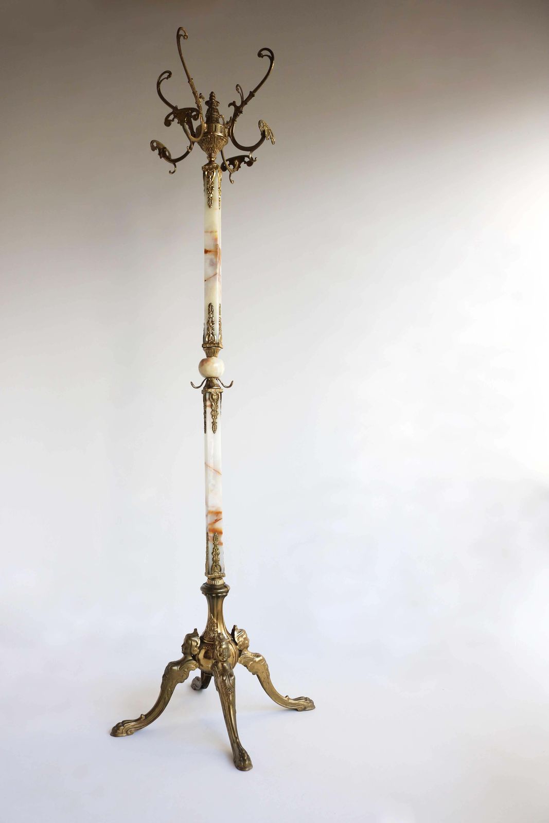Italian Ornate Antique Brass & Onyx Square Marble Coat Hat Rack Hall Tree Stand photo furniture
