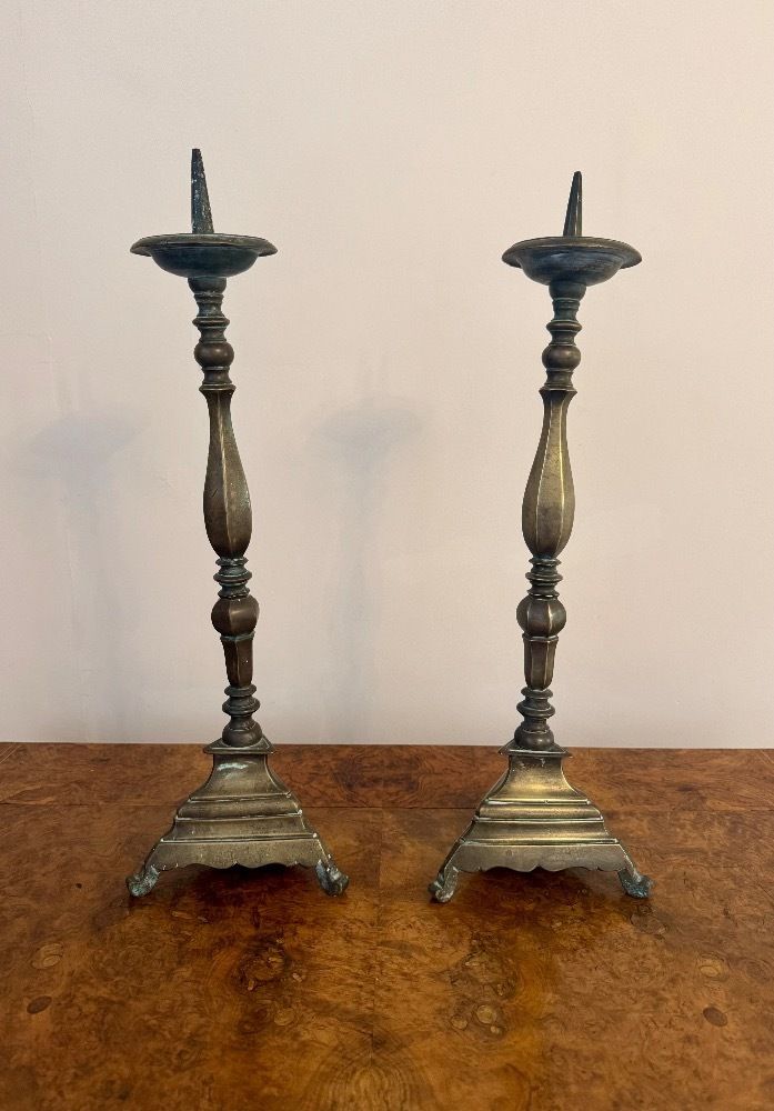 Large Quality Pair Of Antique Regency Brass Pricket Candlesticks photo for sale