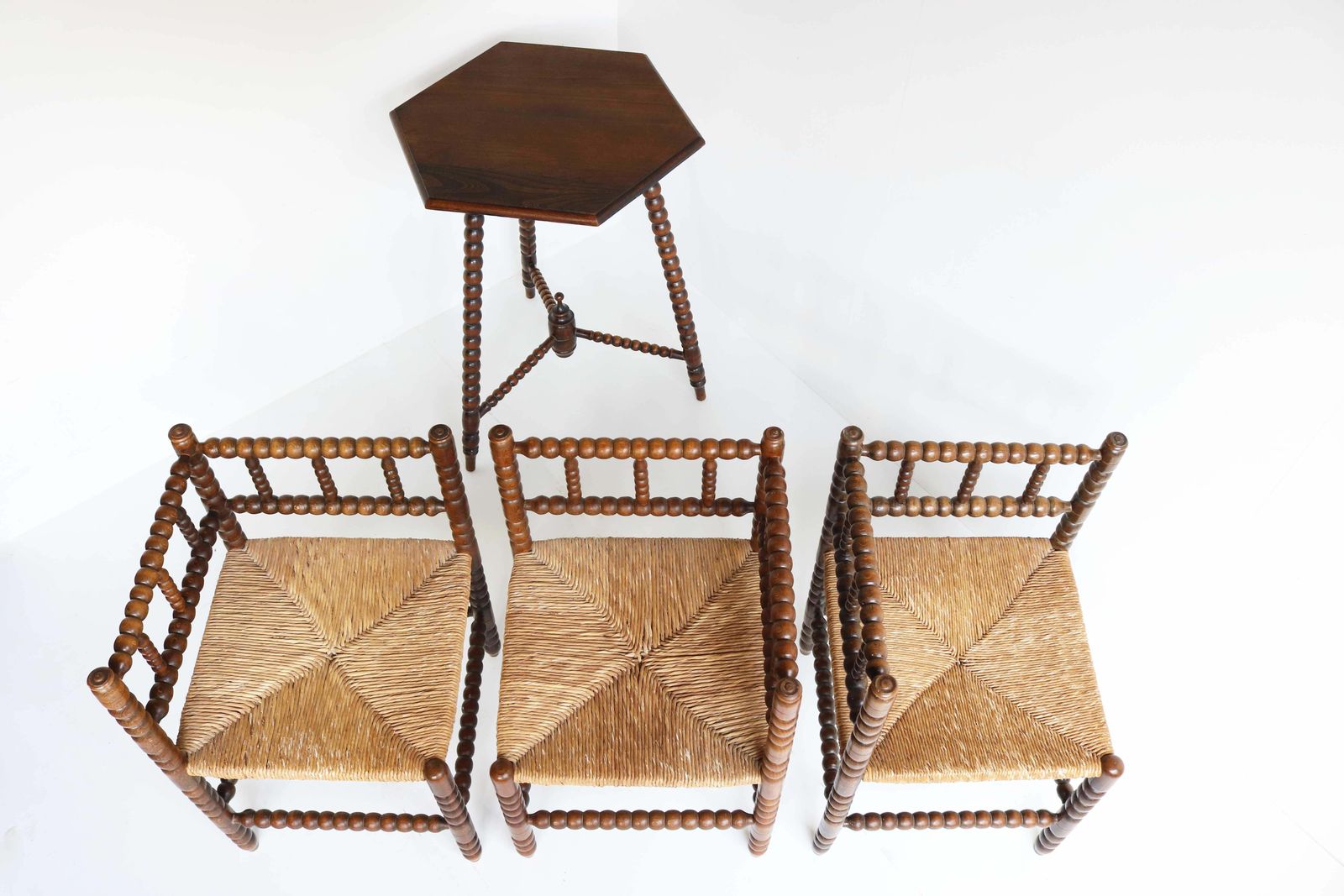 Furniture Antique Set , Three Rush Seat Oak Corner Bobbin Side Knitting Chairs With Table photo