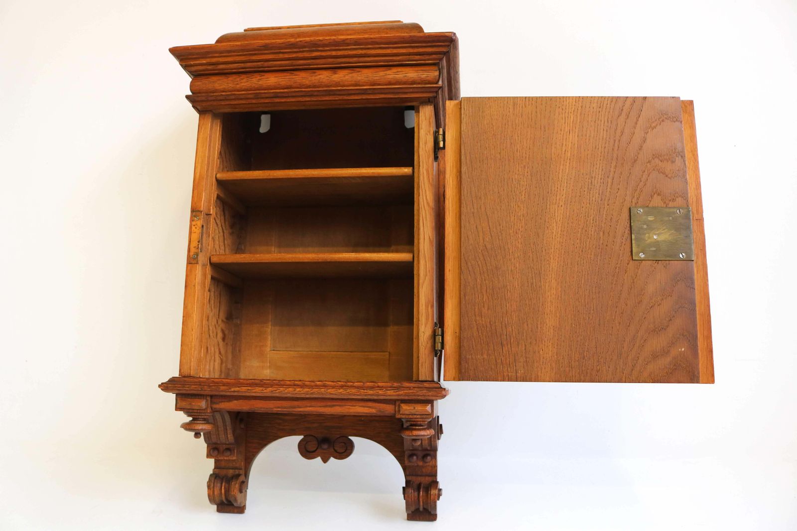 photo for sale Antique Arts And Crafts Hand Carved Small Wall Cabinet European Oak Brass, 1900s