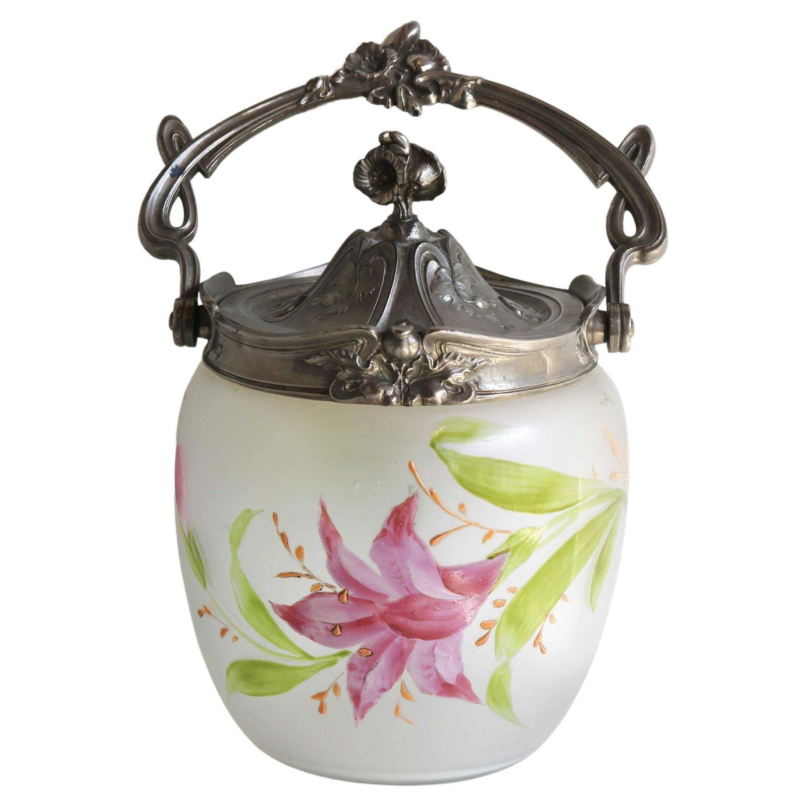 Antiek Floraal Handgeschilderd Geëmailleerd Glazen Biscuitblik, Art Nouveau, Frankrijk