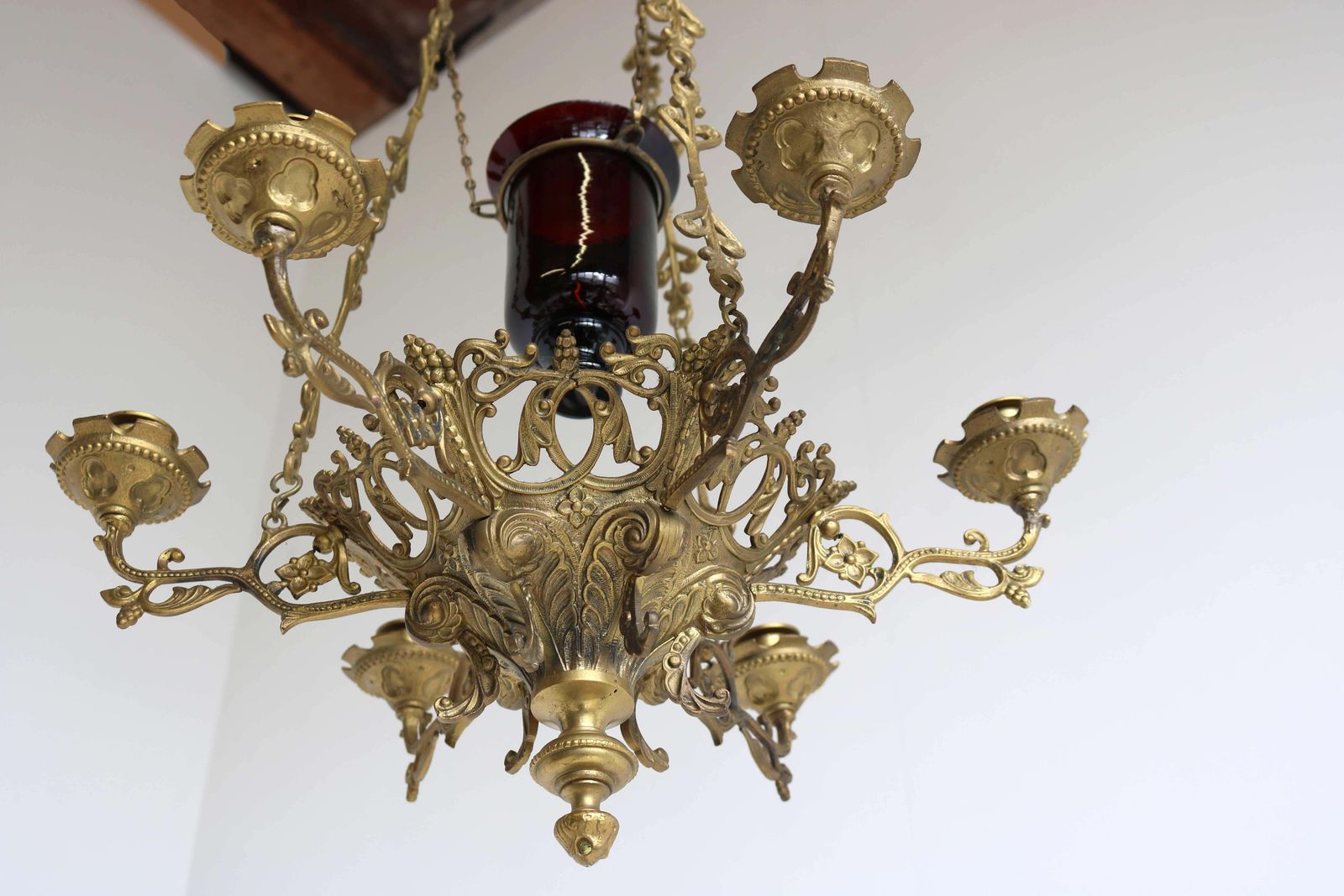 God Lamp / Church Chandelier Brass Early 20th Century Sanctuary Lamp Art Nouveau photo 1736.0