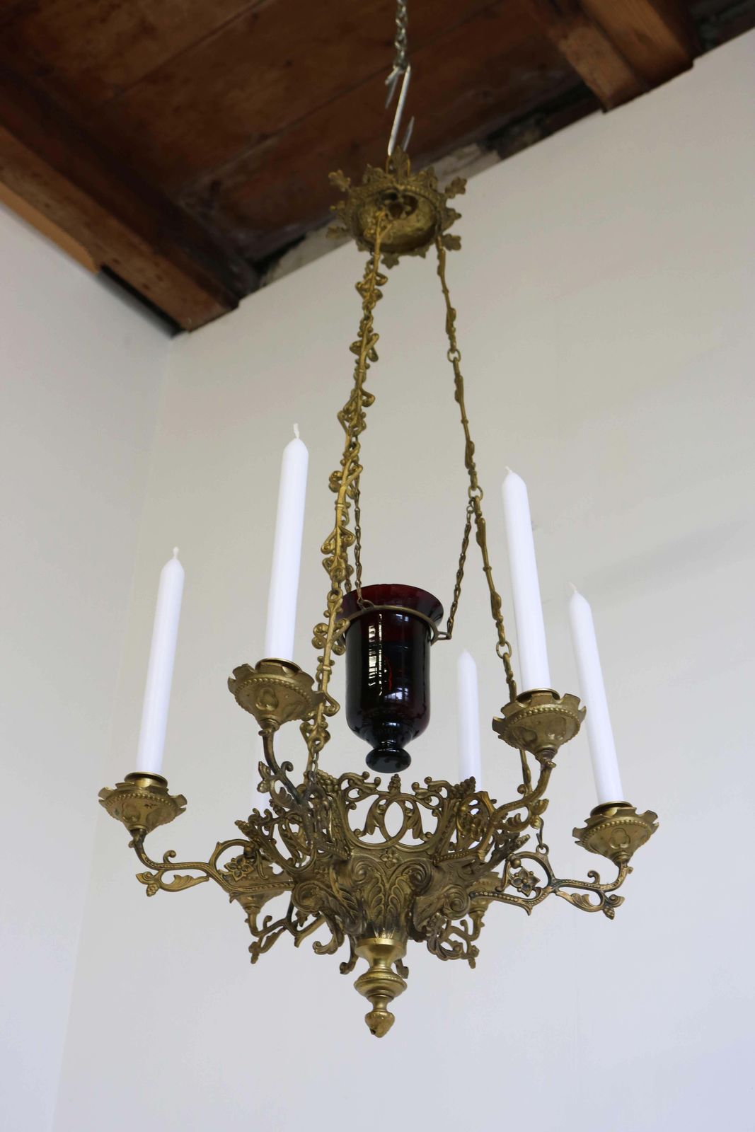 God Lamp / Church Chandelier Brass Early 20th Century Sanctuary Lamp Art Nouveau photo vintage