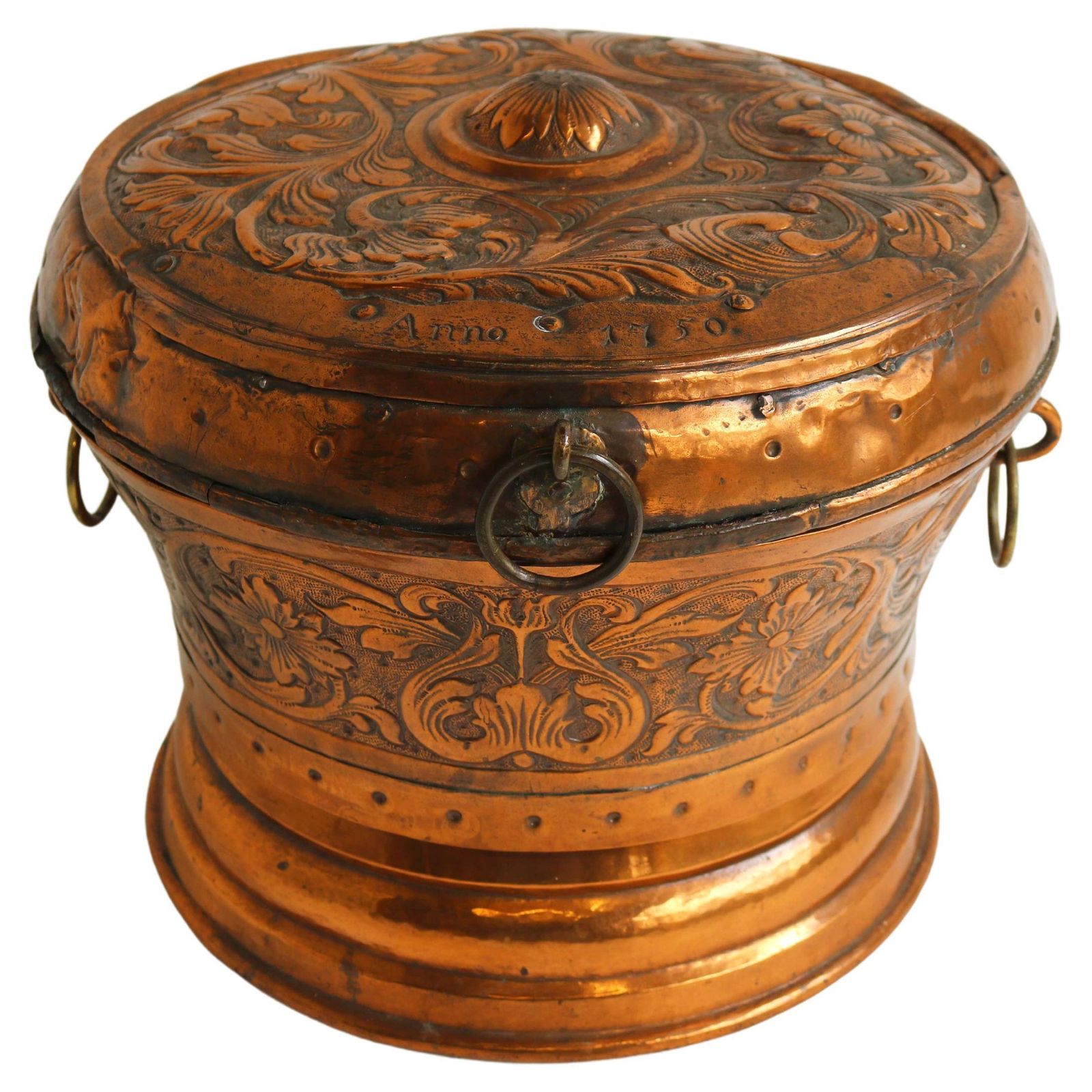 Gedecoreerde Antieke Nederlandse Koperen Schaal / Pot Met Deksel, 18e Eeuw, Gedateerd 1750