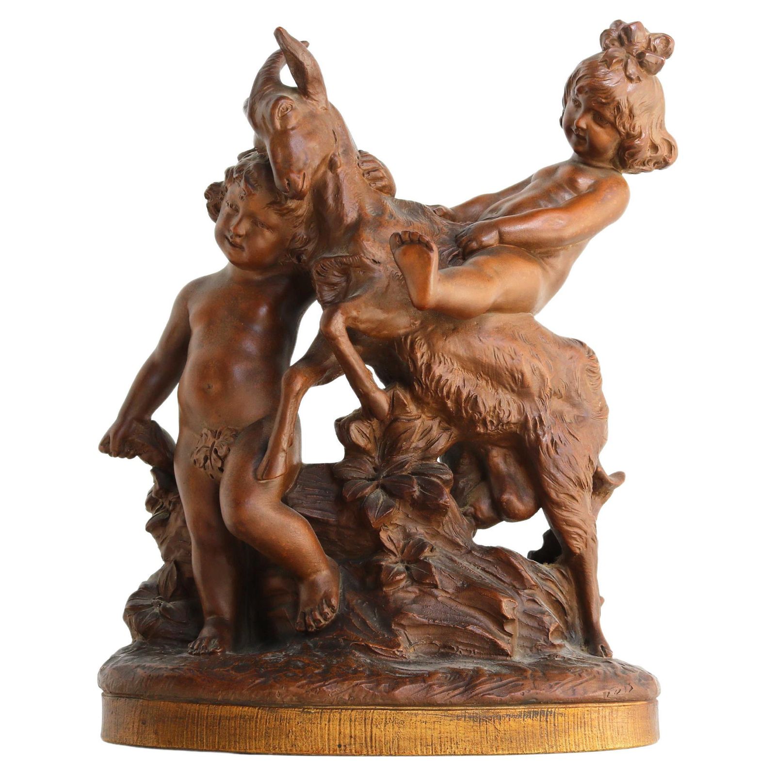 Terracotta Sculptuur Jongen En Meisje Spelend Met Geit, Naar Pietro Balestra, Begin 20e Eeuw