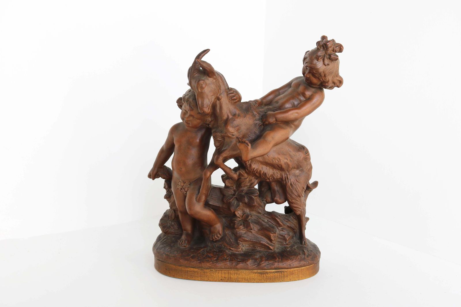 Terracotta Sculpture Boy & Girl Playing With Goat After Pietro Balestra, 1900s photo vinterior