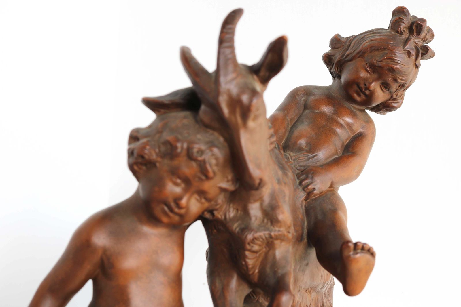 Art Terracotta Sculpture Boy & Girl Playing With Goat After Pietro Balestra, 1900s photo
