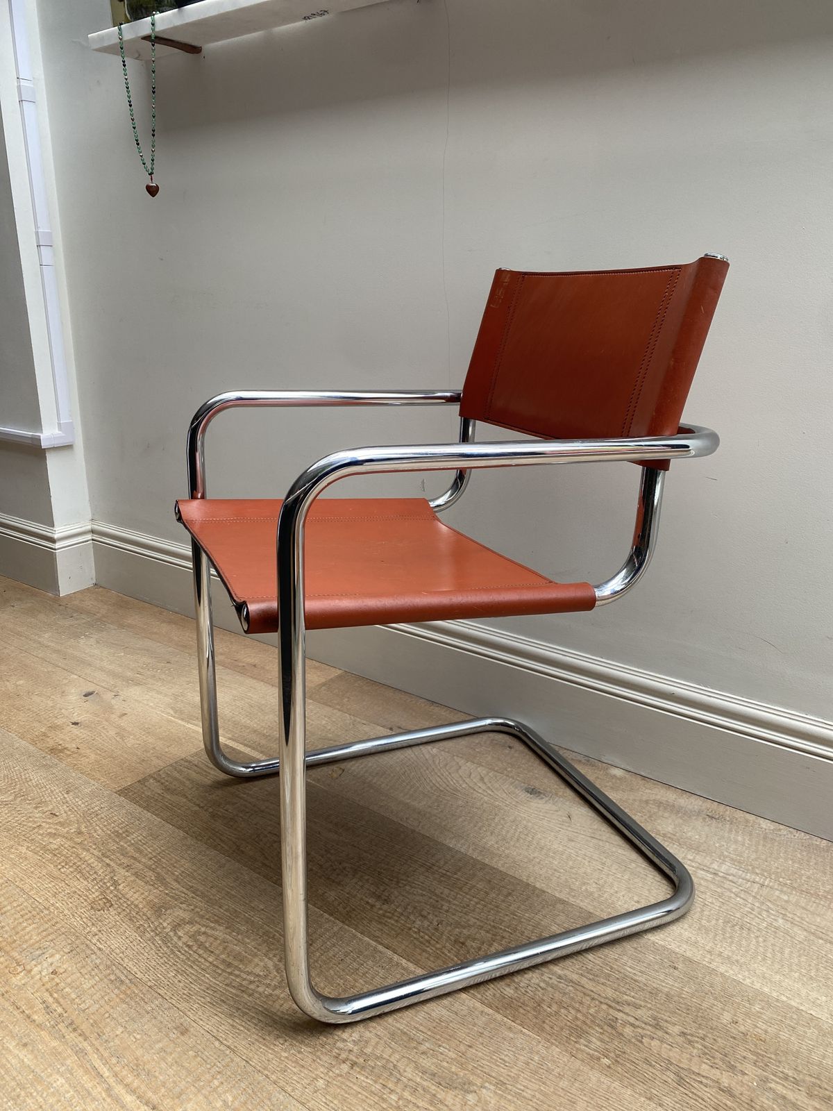 Mid Century Modern Tan Leather Cantilever Chair,  Mart Stam S34 Style 1970s photo vinterior