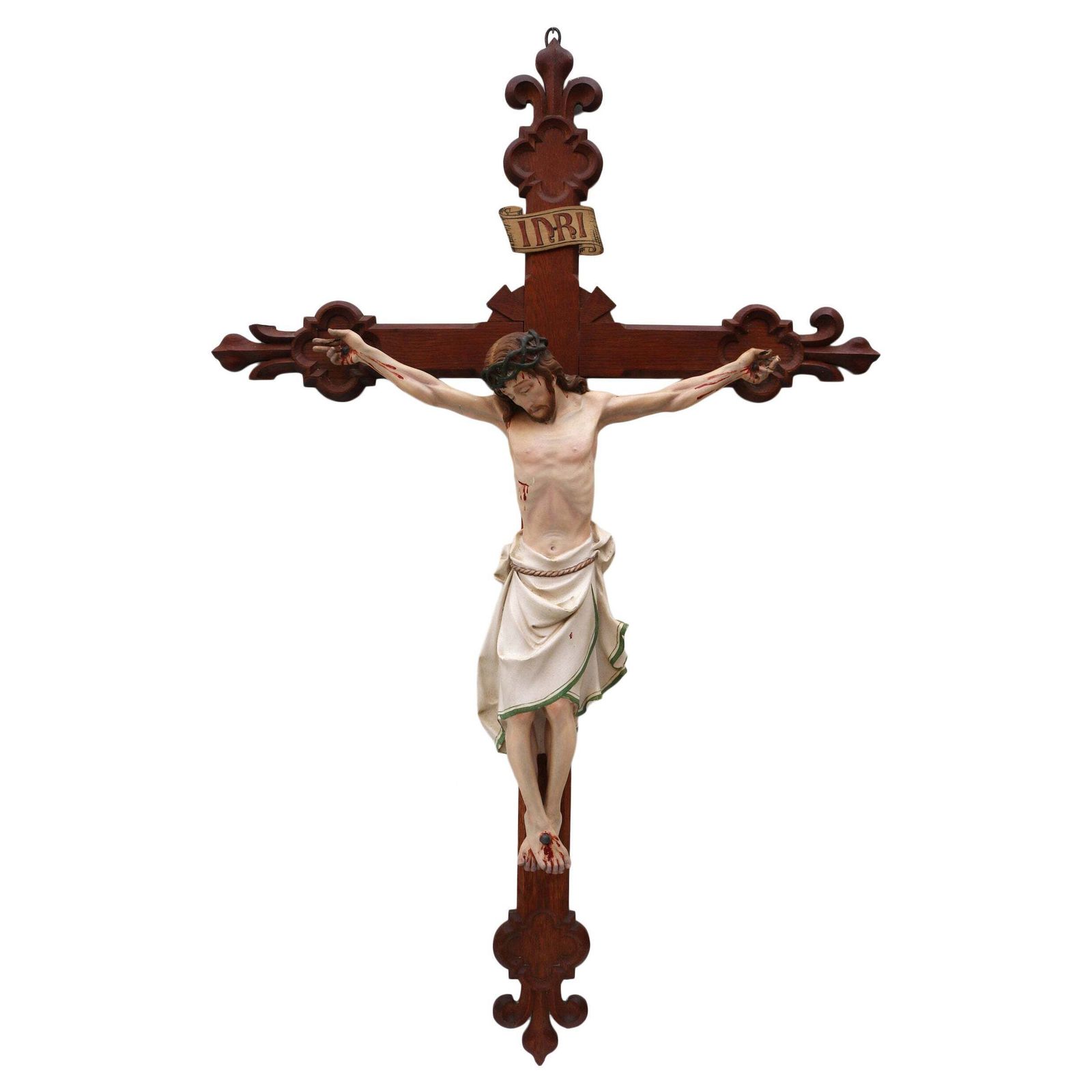 Groot Frans Antiek Christus Crucifix, 19e Eeuw, Fleur De Lis, Corpus Beschilderd