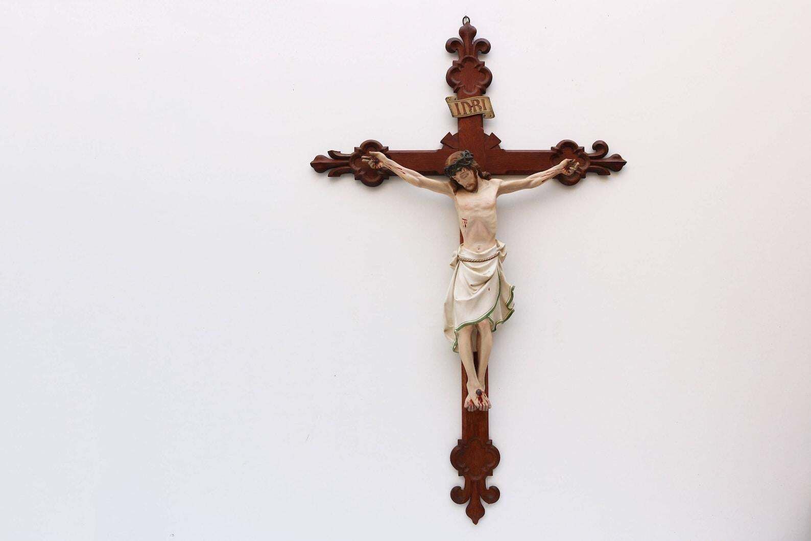 Groot Frans Antiek Christus Crucifix, 19e Eeuw, Fleur De Lis, Corpus Beschilderd photo vintage