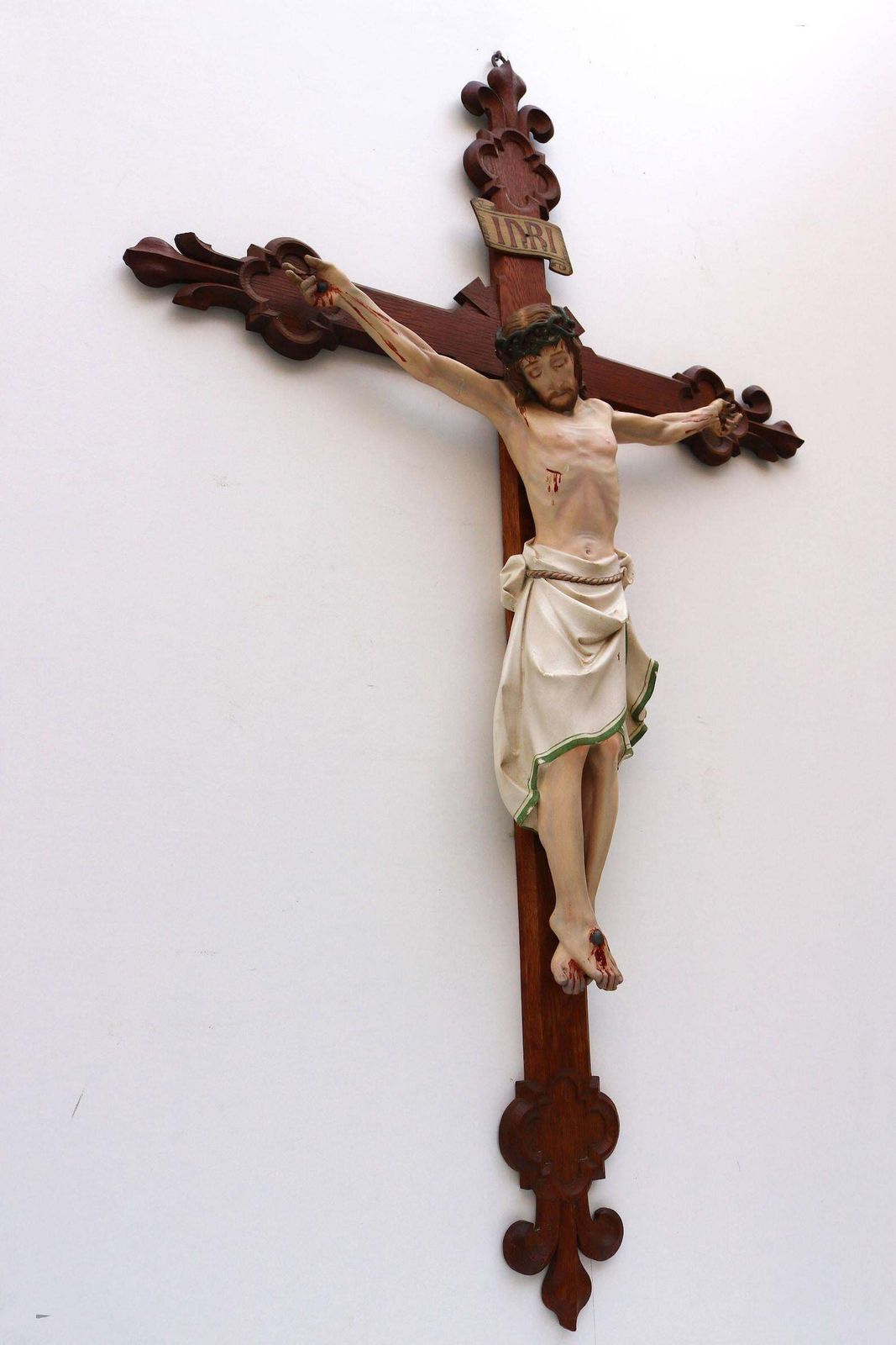 photo furniture Groot Frans Antiek Christus Crucifix, 19e Eeuw, Fleur De Lis, Corpus Beschilderd