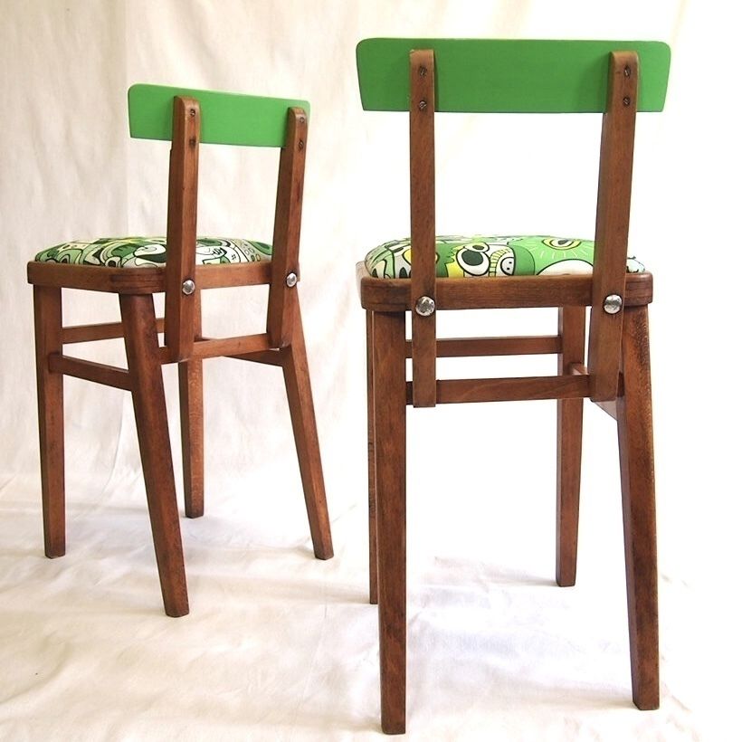 Children’s Stool. 1950’s Classic Square Stool With A Drop In Seat And Back Rest. Modern Green Funky Upholstery. photo furniture