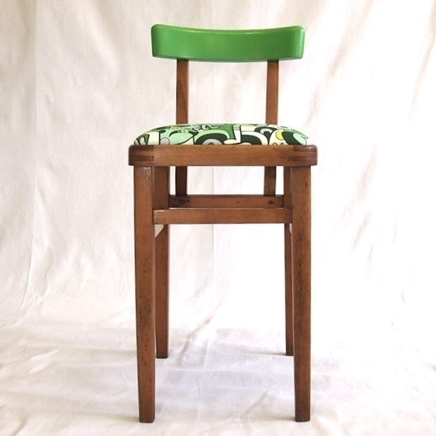 Children’s Stool. 1950’s Classic Square Stool With A Drop In Seat And Back Rest. Modern Green Funky Upholstery. photo Furniture