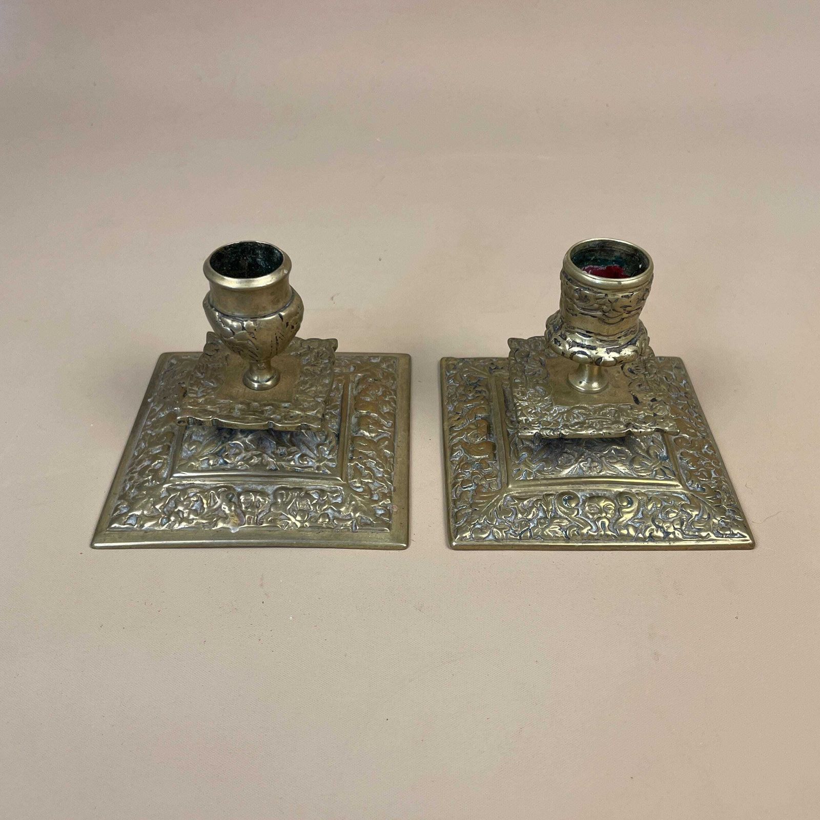 Antique Brass Candlestick Holders Gold Metal Matching Pair Victorian Style Ornate Square Base Vintage Dining Table Mantle Piece Decoration