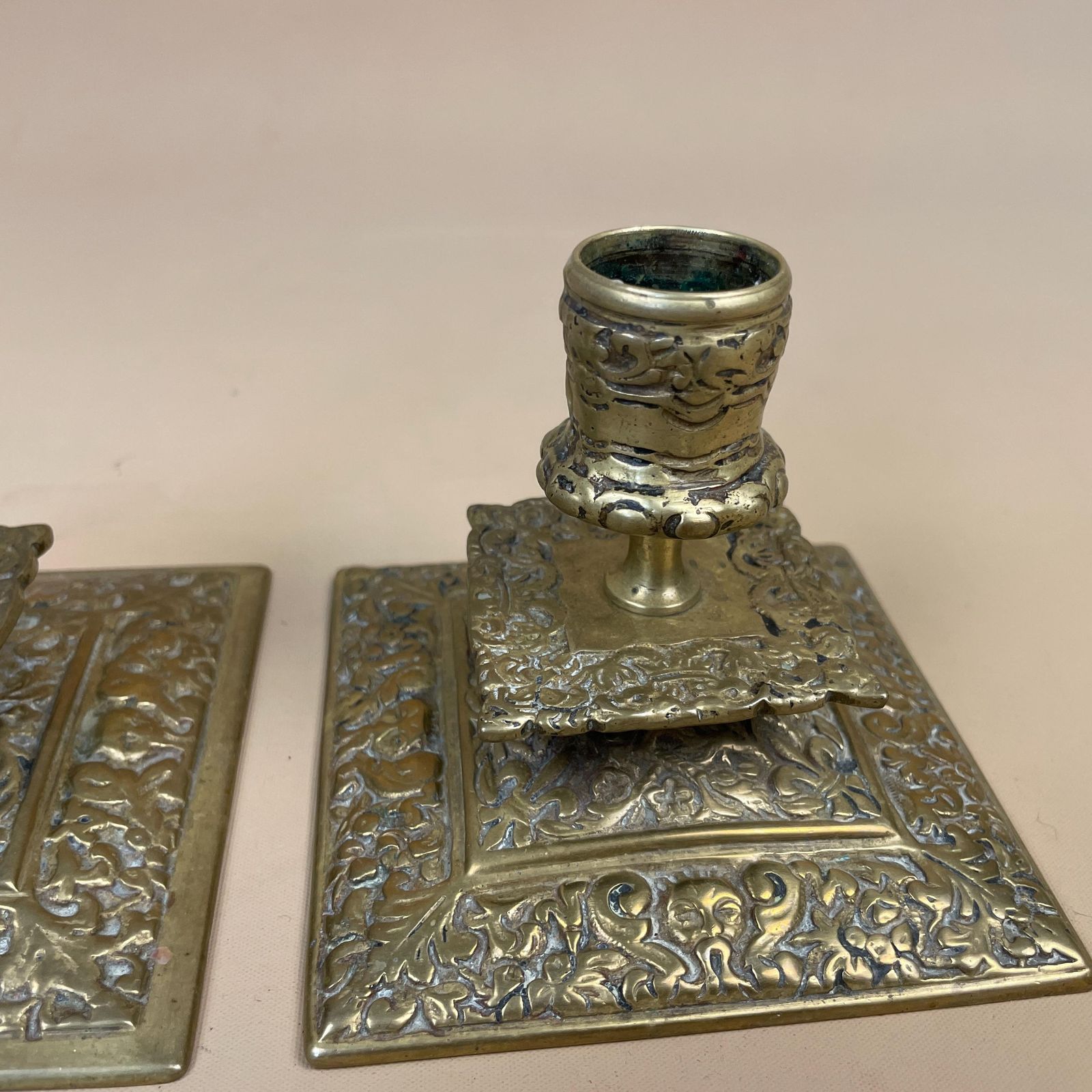 Antique Brass Candlestick Holders Gold Metal Matching Pair Victorian Style Ornate Square Base Vintage Dining Table Mantle Piece Decoration photo for sale
