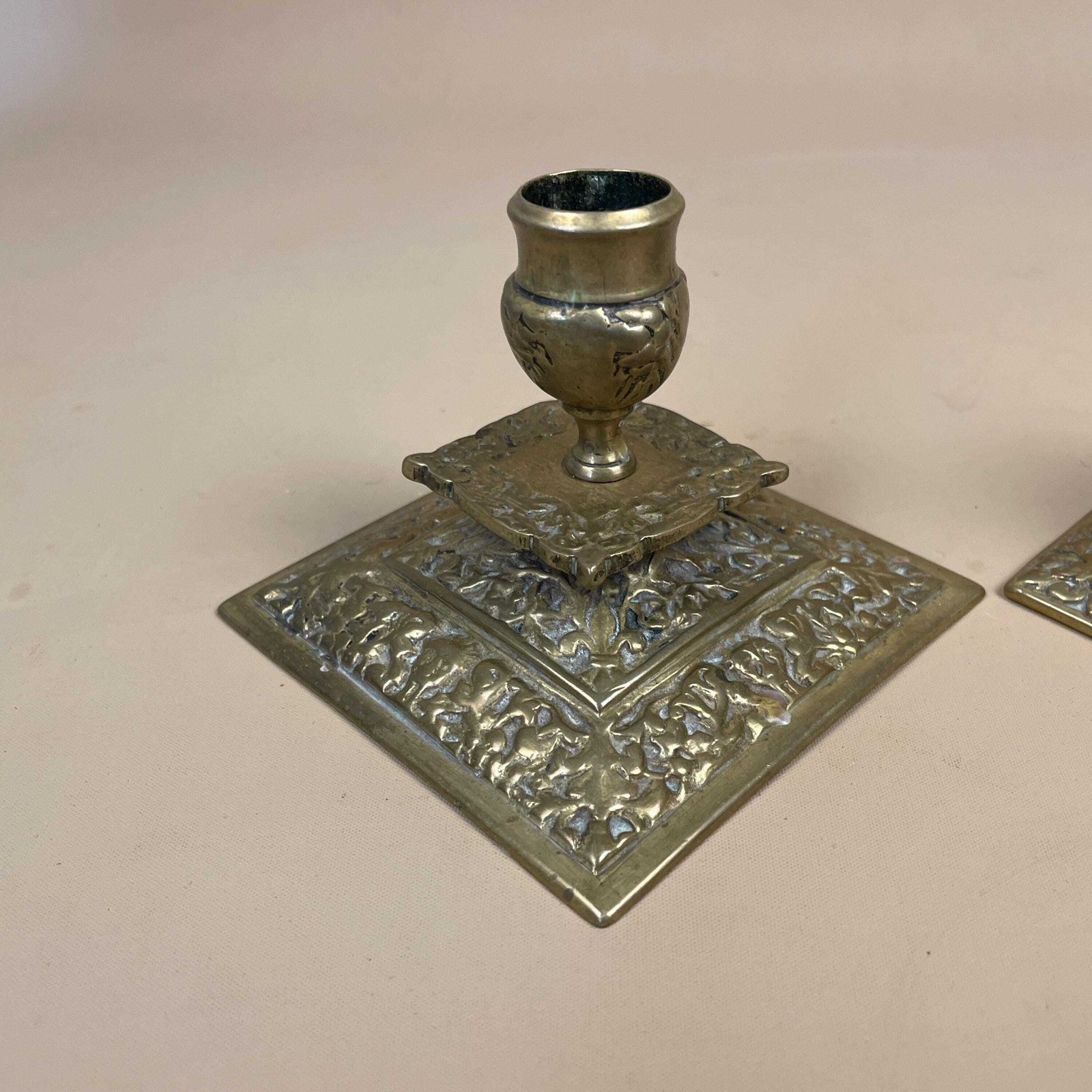 Antique Brass Candlestick Holders Gold Metal Matching Pair Victorian Style Ornate Square Base Vintage Dining Table Mantle Piece Decoration photo buy