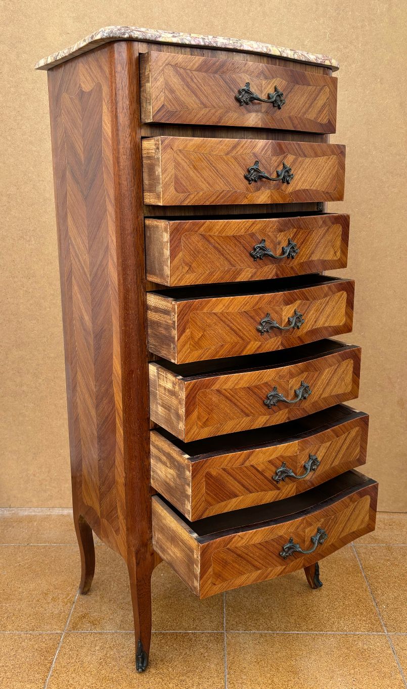 French Marquetry And Marble Top Tall Chest Of Seven Drawers photo 1640.3