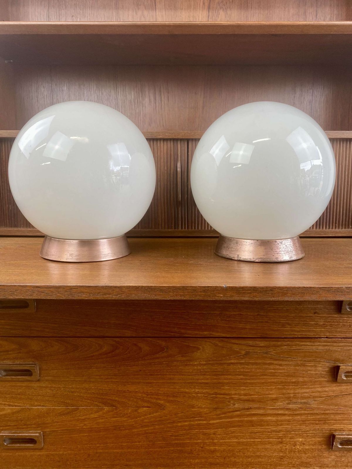 ‘Falks” Pair Of Globe Opaline Pendant Lights photo 195.0