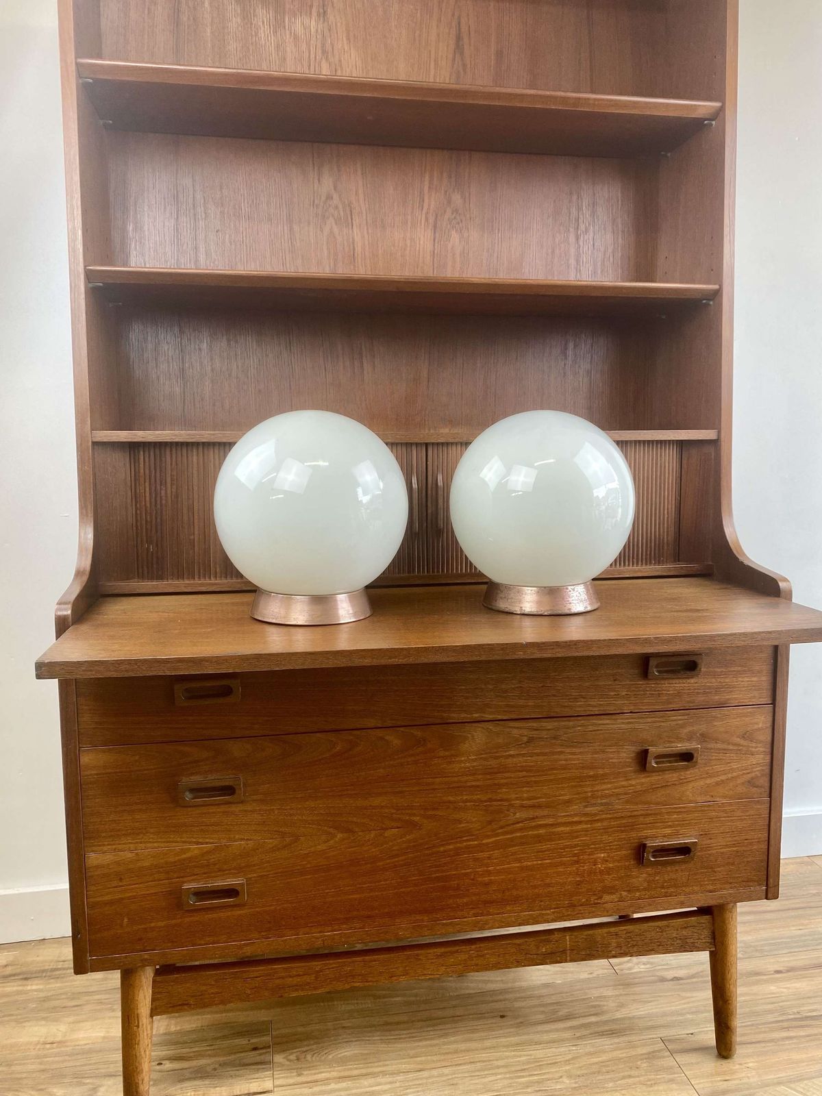 ‘Falks” Pair Of Globe Opaline Pendant Lights photo vintage
