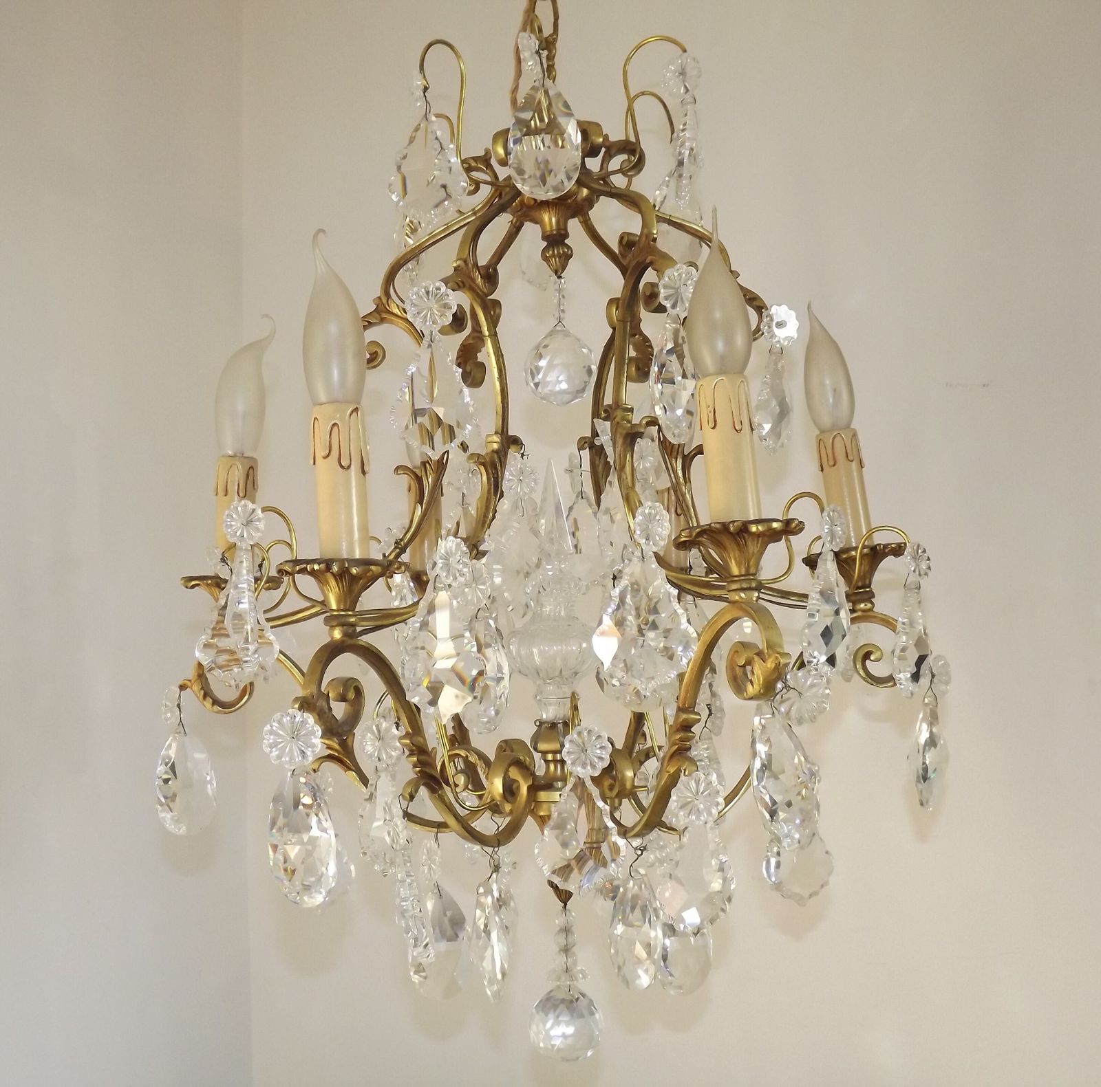 Large French Art Nouveau Acanthus 6 Light Bronze & Crystal Cage Chandelier photo 1995.0