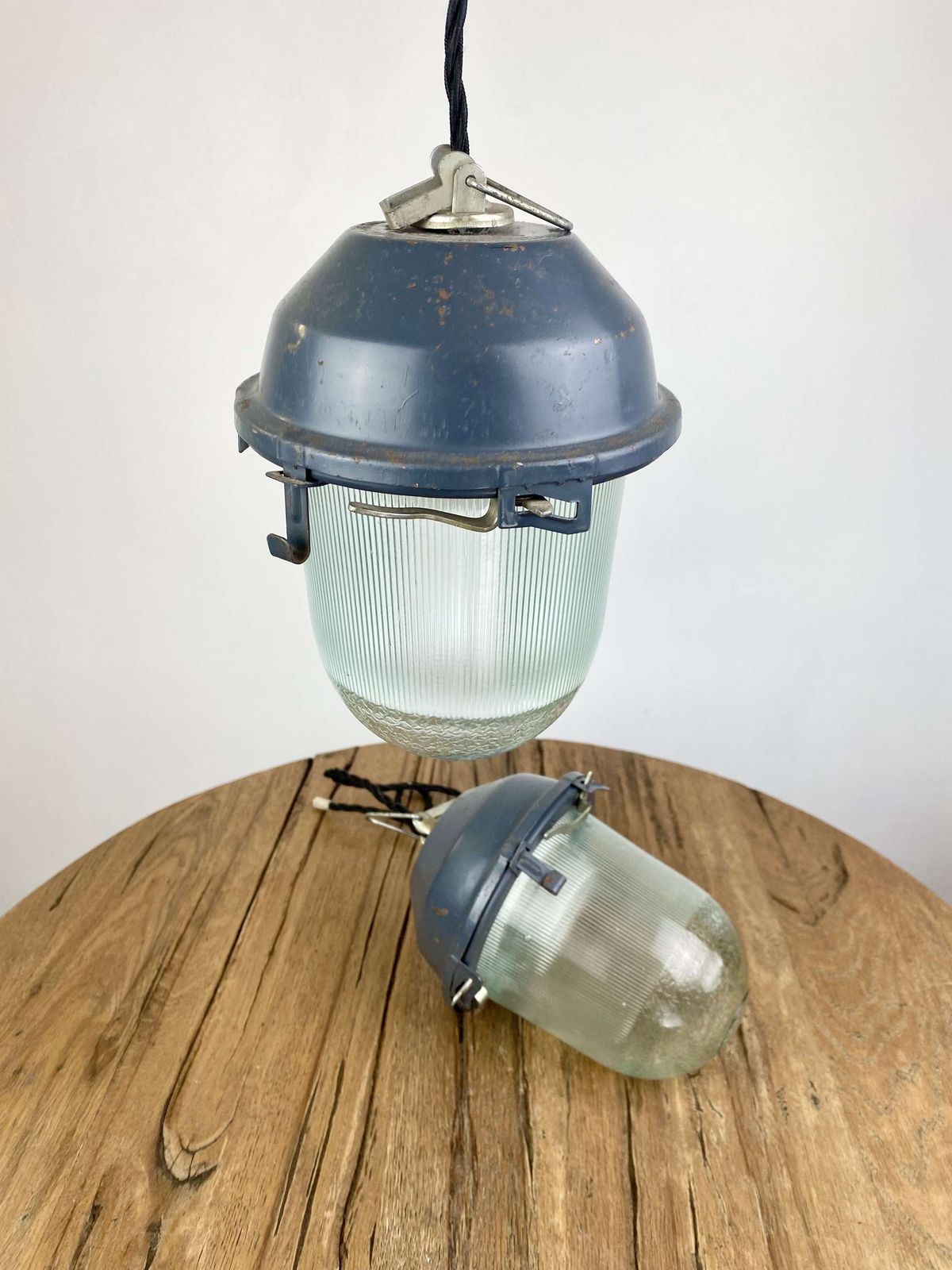 Pair Of Blue Industrial Soviet Era Vintage Hanging Lights, 1970s photo 225.0