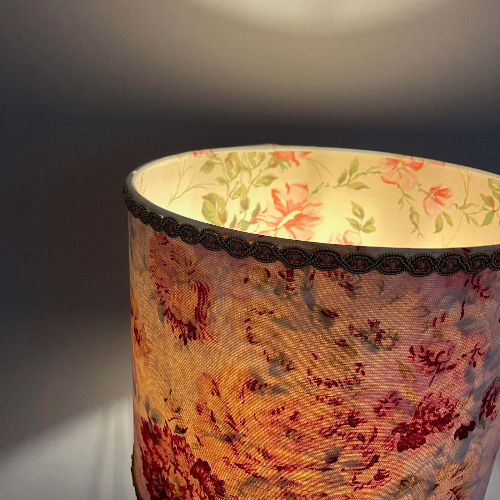 Vintage Linen Lampshade With Vintage French Paper Interior & Tall Wooden Base photo Lighting