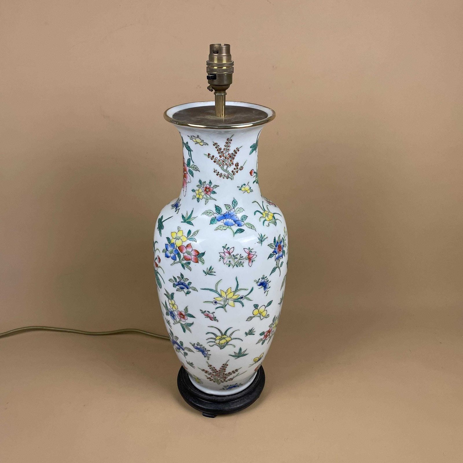 Vintage Large Ceramic Lamp Light Bedside Table Hand Painted Floral Design White Oriental Chinese Vase Cottage Antique Brass Top Wood Base