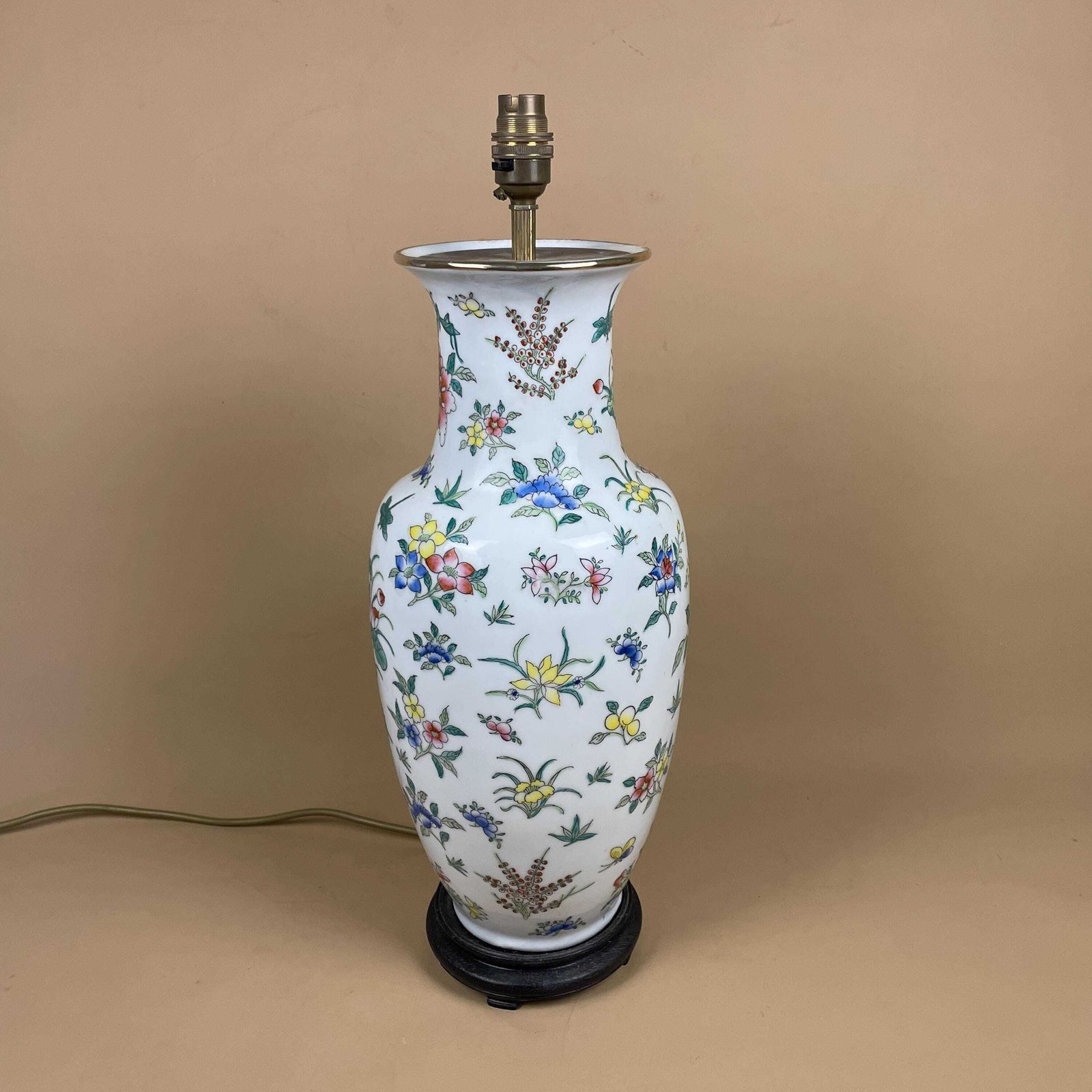 Vintage Large Ceramic Lamp Light Bedside Table Hand Painted Floral Design White Oriental Chinese Vase Cottage Antique Brass Top Wood Base photo for sale