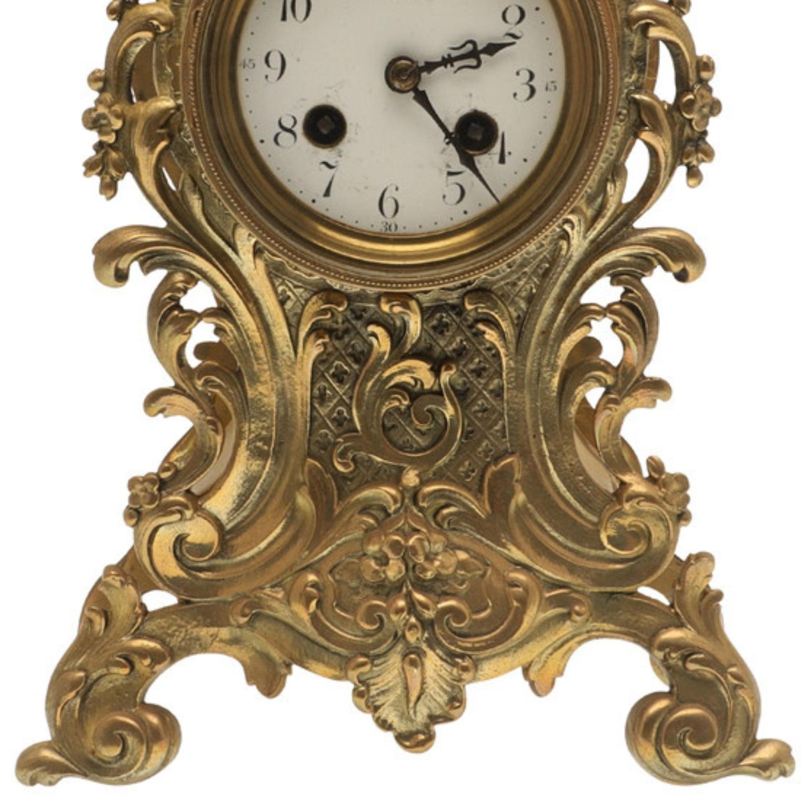 Rococo Brass Mantel Clock Antique French Late 19th C, Enamel Dial Signed Bardino photo vinterior