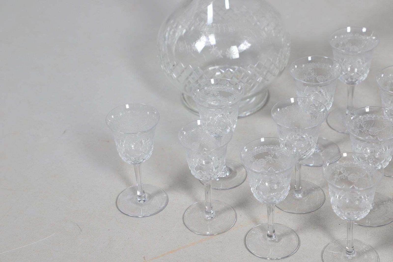 Crystal Decanters Stemware, Antique Cut Glass Table Suite Etched Faceted Design photo Home Decor