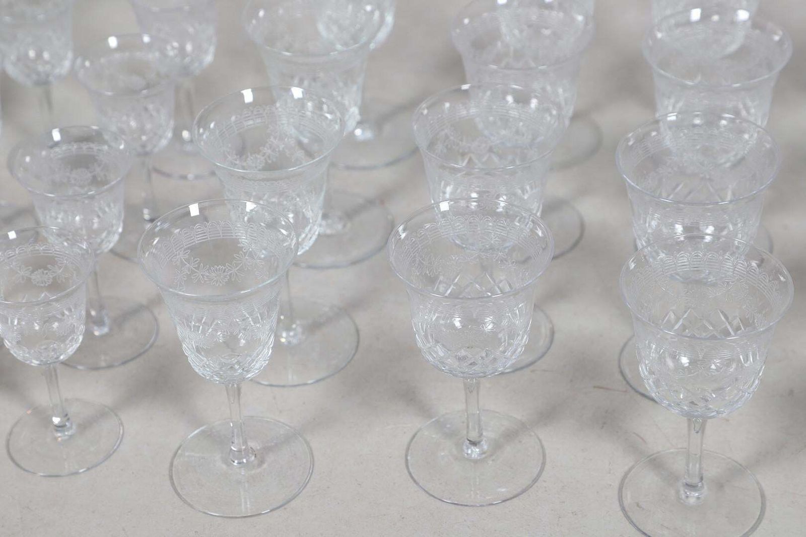 photo furniture Crystal Decanters Stemware, Antique Cut Glass Table Suite Etched Faceted Design