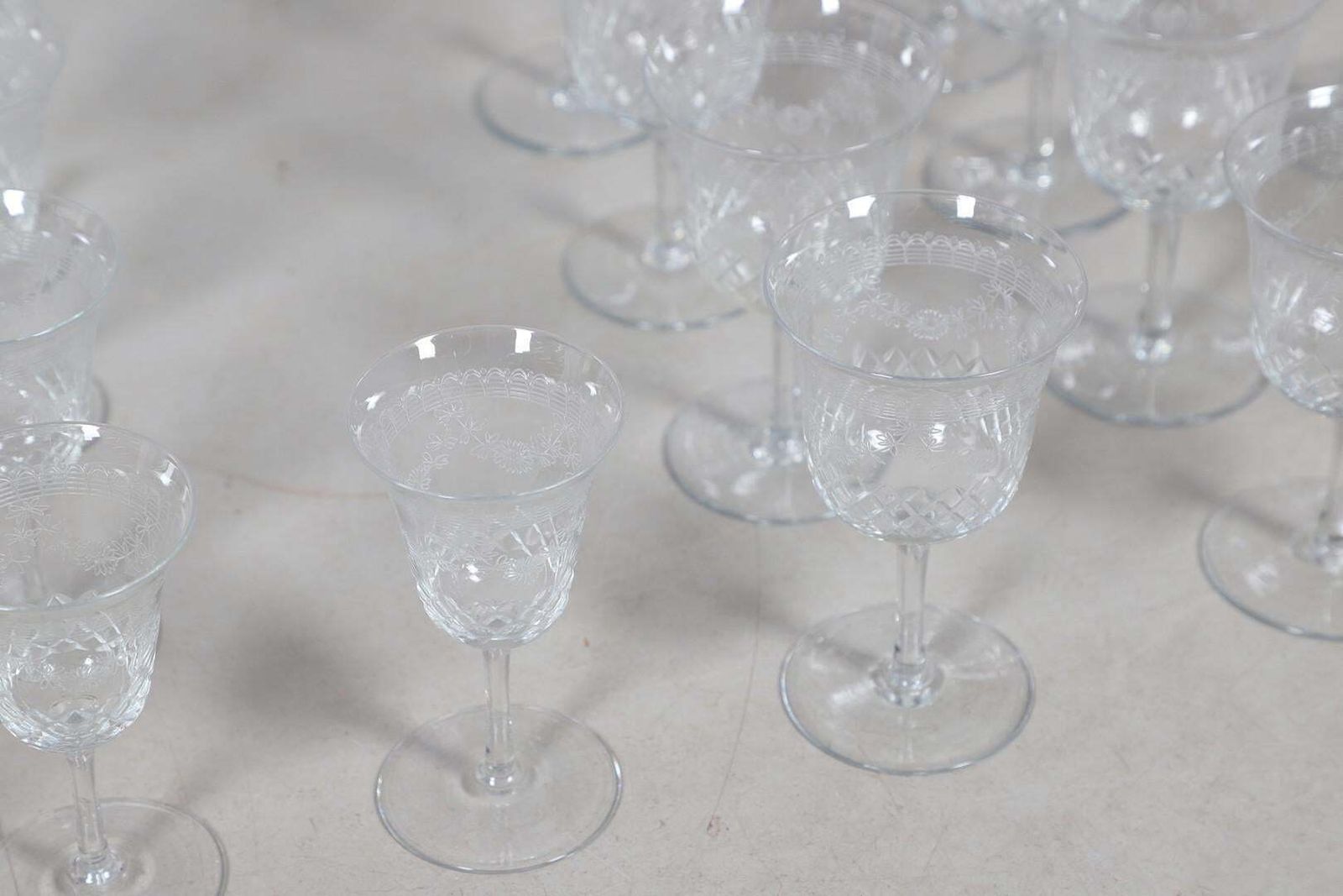 Home Decor Crystal Decanters Stemware, Antique Cut Glass Table Suite Etched Faceted Design photo